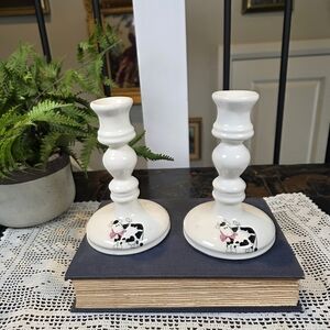 Pair of Cow Candlesticks Vintage Ceramic Black White Farmhouse Kitchen Decor